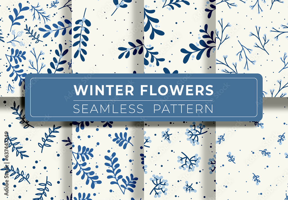 Set of Winter Flowers and Leaves Seamless Pattern Stock Template ...