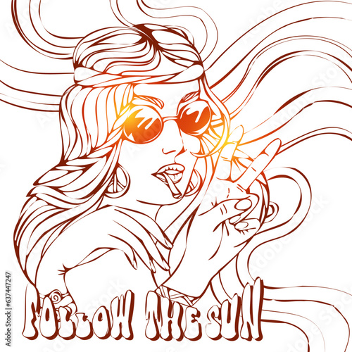 Hippie girl in round glasses smokes a join, beckons with her hand, shows the sign of Victory with two fingers and calls to follow the Sun.Symbol pacificism freedom and love