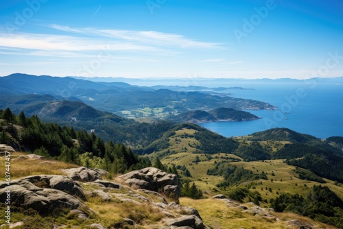 Hiking trail in the mountains. Beautiful mountain sea view panorama for a greeting card.