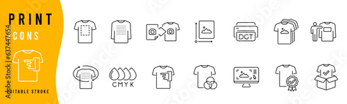 T-shirt printing icon set. Printer and t shirt elements. Printing on clothes linear icon illustration