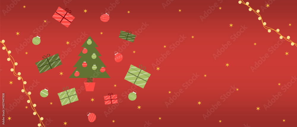 Merry Christmas and Happy New Year. A beautiful red banner for a website, post, postcard, page or app