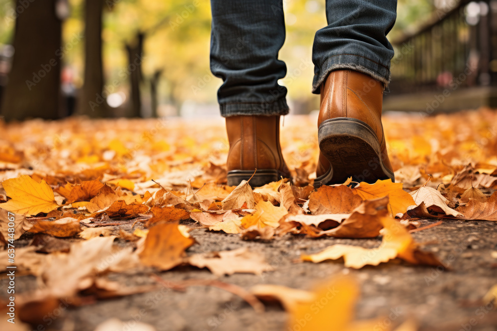 Pair of stylish boots crunching through a carpet of fallen leaves on a sidewalk