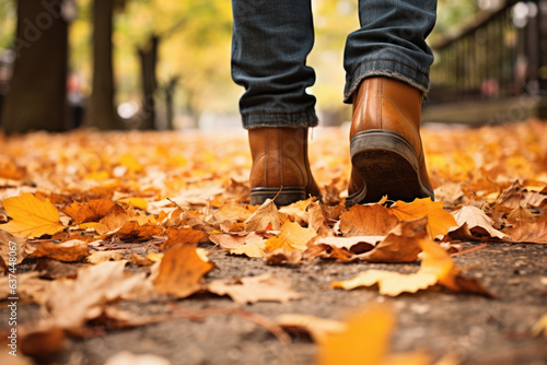 Pair of stylish boots crunching through a carpet of fallen leaves on a sidewalk
