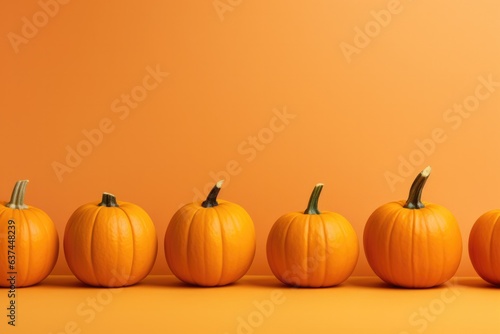 A row of whole pumpkin on orange colour background.
