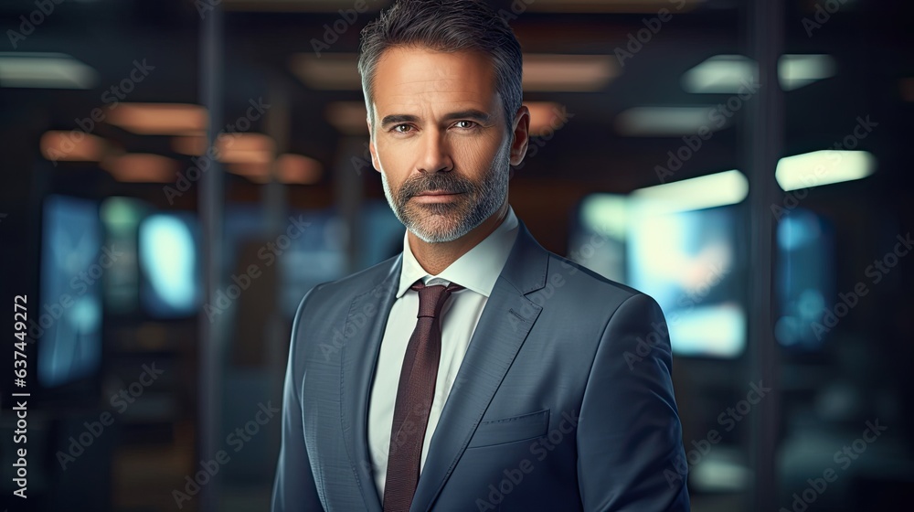 a businessman, CEO looking confident and calm in a high-tech environment-themed image as a JPG horizontal format. generative ai