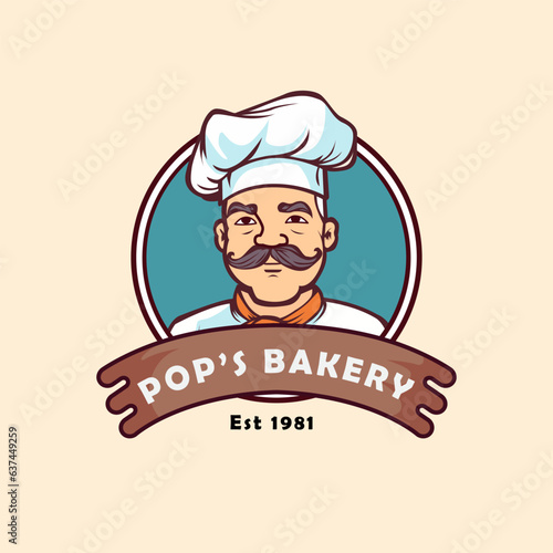 old master chef with mustache cartoon mascot. cooking hat minimal logo design vector hipster, bakery,