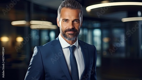 a businessman, CEO looking confident and calm in a high-tech environment-themed image as a JPG horizontal format. generative ai
