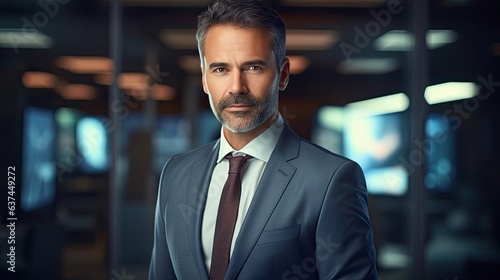 a businessman, CEO looking confident and calm in a high-tech environment-themed image as a JPG horizontal format. generative ai