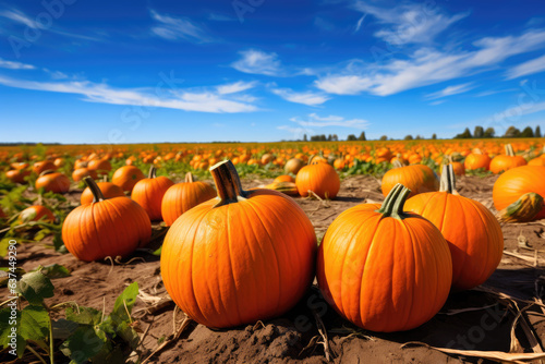 Pumpkin patch with vibrant orange pumpkins and a blue sky in the background