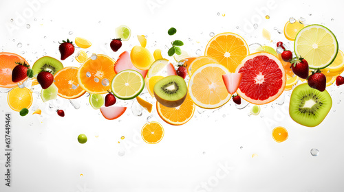 Many Cut fruit flying on white background photo