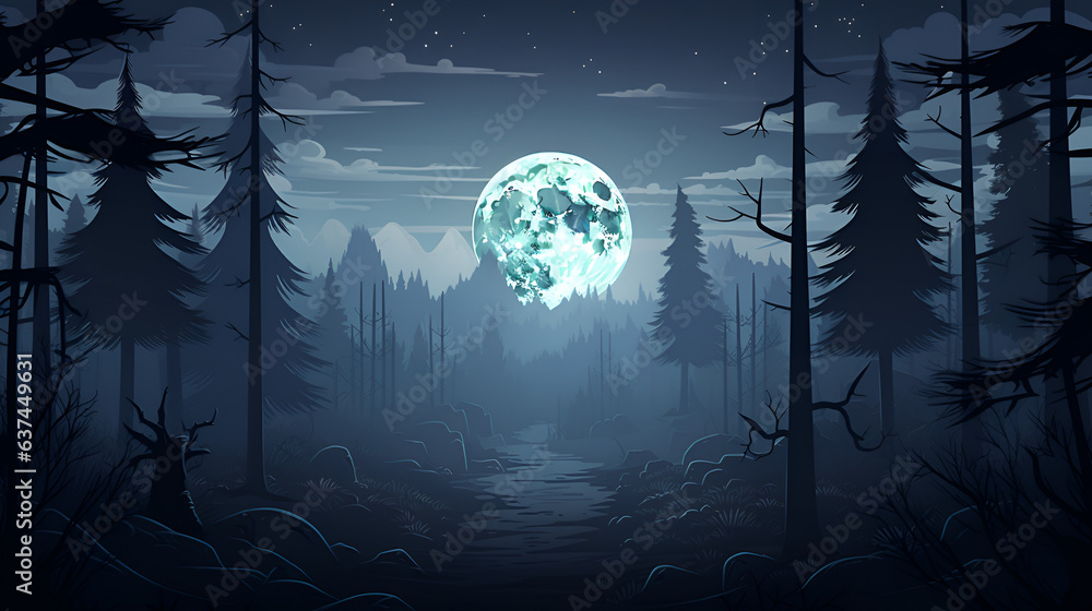 Creepy forest at night with a full moon hanging low in the sky, spooky Halloween 