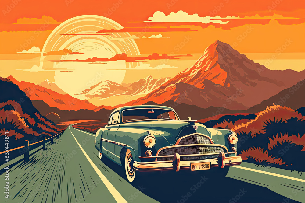 Retro-style vintage car driving on a scenic road with mountains in the background and a sunset sky
