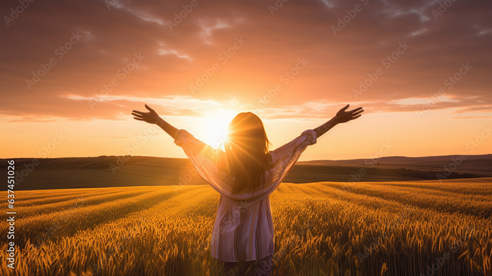 woman or girl on field raising arms. freedom and vitality