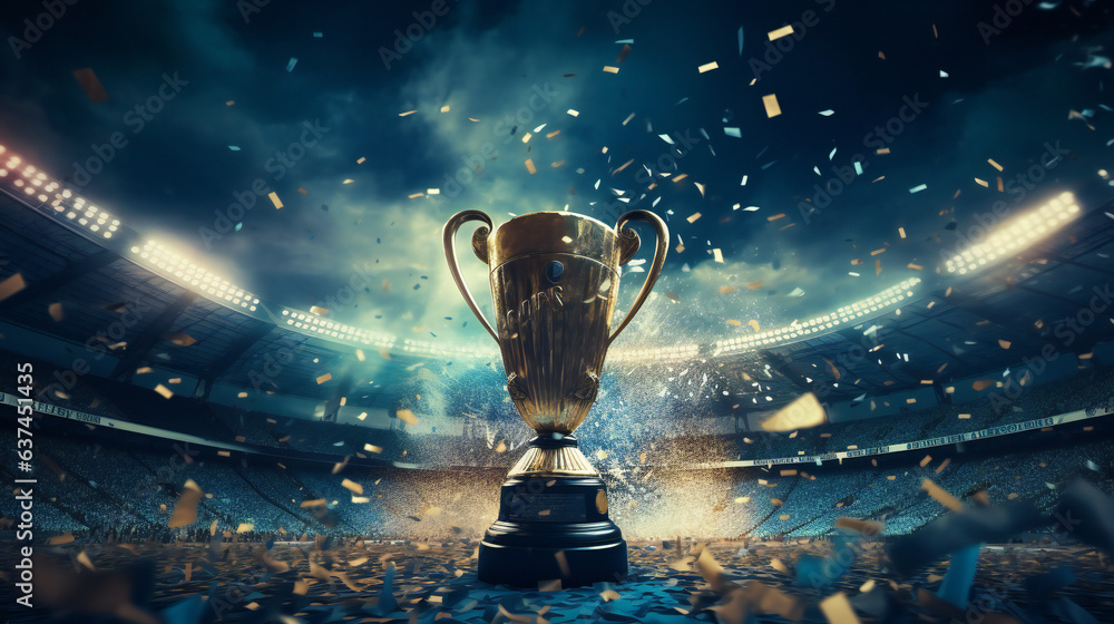 © Bogdan - Win concept. Champion Award gold cup, Golden winner's cup in the middle of a soccer stadium with audience. generated AI