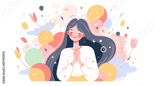 Illustrated Woman Praying Surrounded by Balloons, Flowers in Pastels