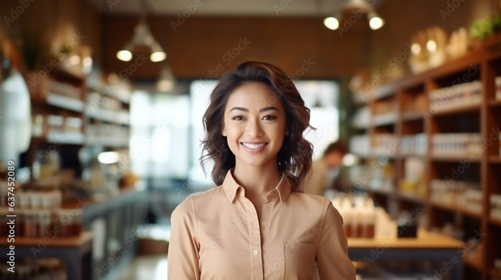 Portrait of a beautiful smiling female small business owner. business owners against entrance, gesture inviting you to visit, being proud of small local business. Generative AI Portrait of a beautiful smiling female small business owner. business owners against entrance, gesture inviting you to visit, being proud of small local business. Generative AI