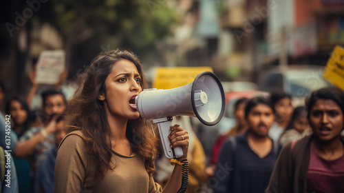 woman is chanting her demands through a megaphone during a demonstration. portrait of a radicalized young caucasian woman. In the background, a crowd of demonstrators with placards photo
