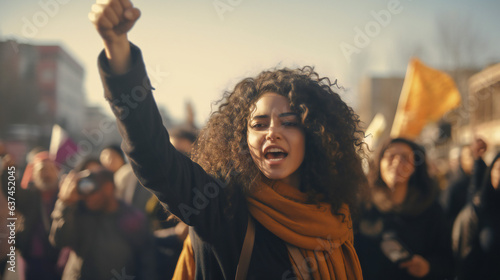 woman is chanting her demands through a megaphone during a demonstration. portrait of a radicalized young caucasian woman. In the background, a crowd of demonstrators with placards photo