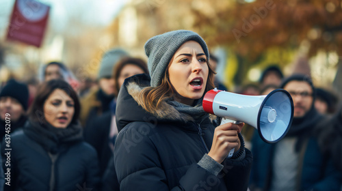woman is chanting her demands through a megaphone during a demonstration. portrait of a radicalized young caucasian woman. In the background, a crowd of demonstrators with placards. Generation AI photo