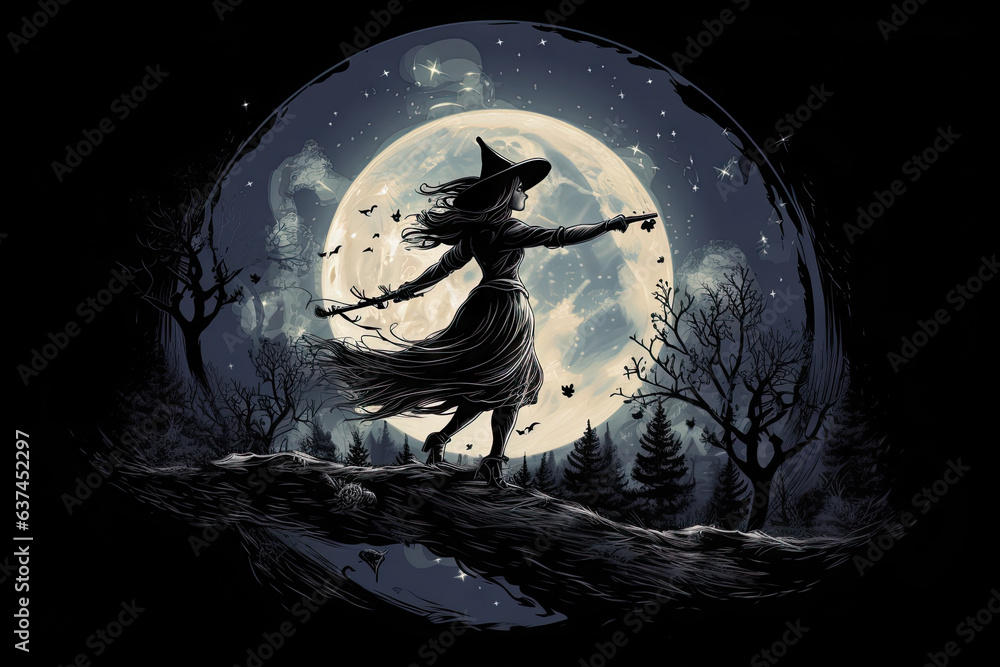Fototapeta premium Witch flying on a broomstick across a full moon