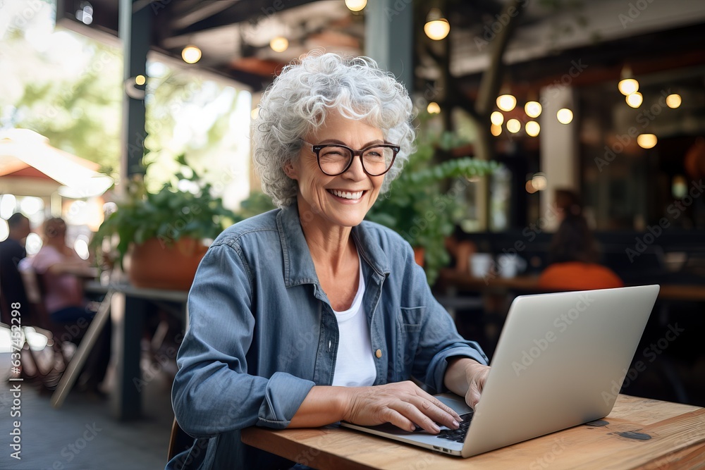 Freelancing at any age. Picture of a smiley senior Caucasian woman in front of laptop monitor at sidewalk cafe. Freelancing at any age. Picture of a smiley senior Caucasian woman in front of laptop monitor at sidewalk cafe.