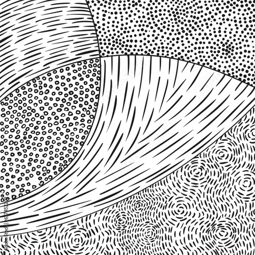 Hand drawn pattern of dashed lines, dots, small circles black and white, Abstract background inspired by indigenous aboriginal art and impressionism