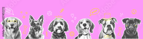 Trendy collage Dogs different breeds Halftone style. Cutout Pet stickers funky black color. Contemporary vector banner