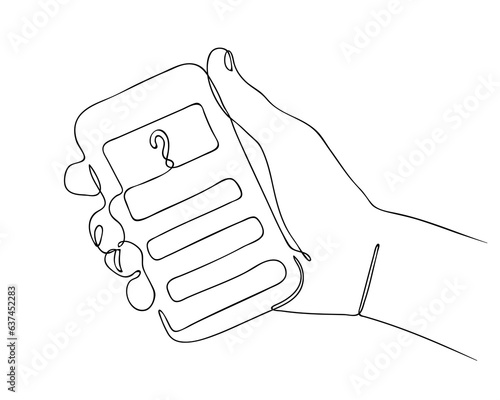 One continuous line drawing. Hand and calculator with question mark. Cost calculating. Budget planning. Problem or Finance crisis. Calculation of profit. Payment of taxes. Sketch, vector