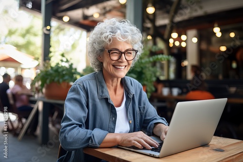 Freelancing at any age. Picture of a smiley senior Caucasian woman in front of laptop monitor at sidewalk cafe.