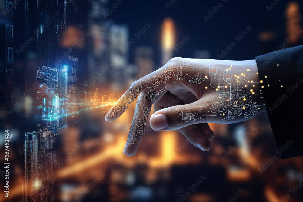 AI, Machine learning, Hands of robot and human touching on big data network connection background, Science and artificial intelligence technology, innovation and futuristic - obrazy, fototapety, plakaty 