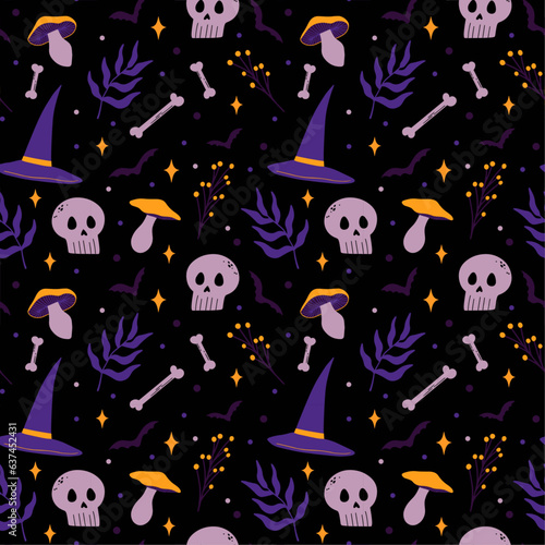 Halloween seamless vector pattern with skull, mushroom, plants, witch hat, bones, bats illustrations. Witchy themed dark background