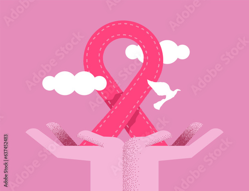 Breast cancer awareness hands and pink ribbon flat card design