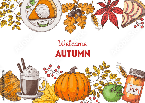 Cozy Autumn frame. Hand drawn vector illustration. Design elements. Set of pumpkin, twigs, hot drink coffee, apple pie, acorn, leaves. Warm autumn. Hand drawn sketch.