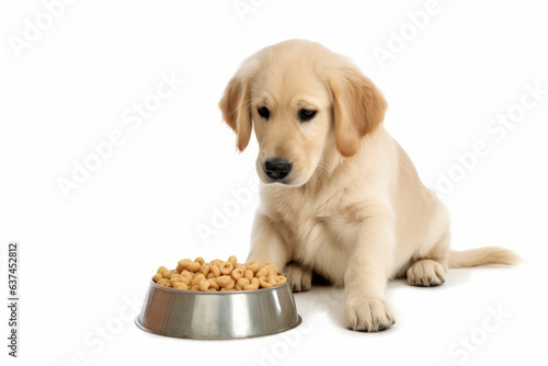 Adorable dog eating dog food on white background  photo