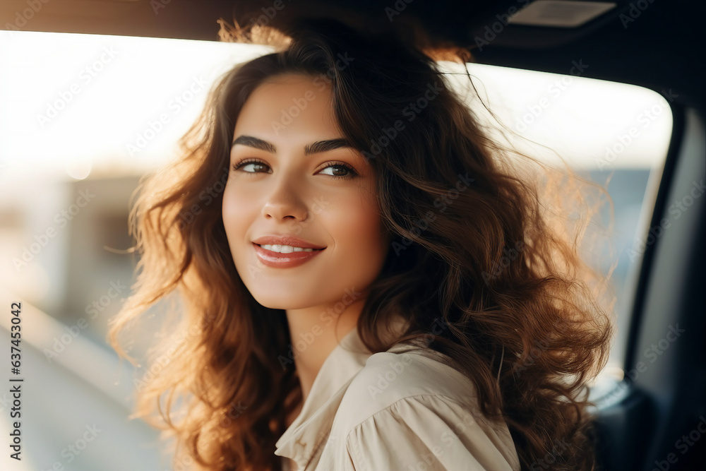 Generative AI photography of beautiful girl sitting inside car enjoying comfort autumn trip Generative AI photography of beautiful girl sitting inside car enjoying comfort autumn trip