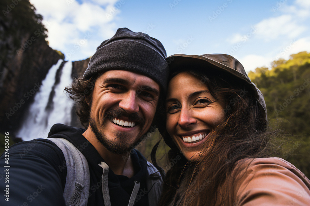 Generative AI self portrait of young funny couple traveling together making selfies beautiful landscape near waterfall peak