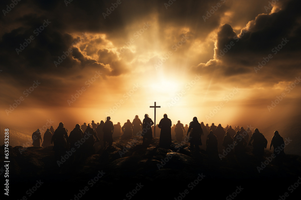 Generative AI picture of the holy cross of Jesus Christ over sky his followers praying