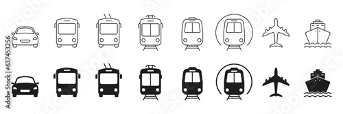 Vehicle Types Line and Silhouette Icon Set. Public Transport Pictogram. Railway, Air Transportation, Car, Bus, Train, Metro, Ship, Plane Symbol Collection. Road Sign. Isolated Vector Illustration