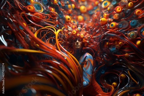 Futuristic composition, the image showcases a young woman wearing an avant-garde outfit that grabs attention, that reflect the mental exploration of sexual fantasies and desires . Generative Ai