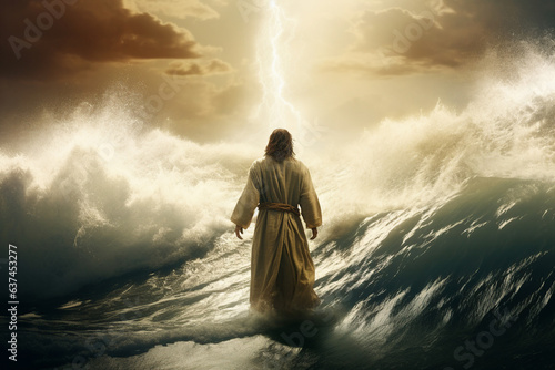 Fényképezés Figure of Jesus walks on water separate waters beautiful dramatic sunset generat