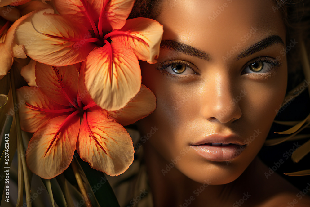 Generative AI photo of lovely romantic girl with flawless face surrounded by fresh spring flowers Generative AI photo of lovely romantic girl with flawless face surrounded by fresh spring flowers