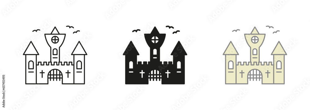 Gothic Spooky Castle Pictogram Black and Color Set. Vampire Dracula Scary Castle Line and Silhouette Icons. Dark Old Castle for Halloween Celebration Symbols. Isolated Vector Illustration