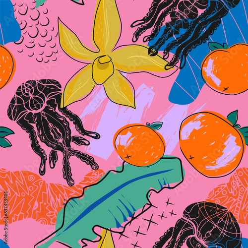 Abstract tropical pattern. Hand drawn overlapping background for your design...