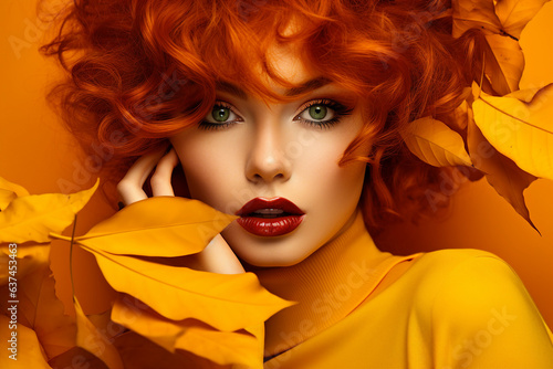 Fotobehang Generative AI picture of attractive redhead woman model symbolizing autumn seaso