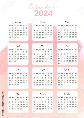 2024 watercolor monthly calendar with orange yellow pink.Vector illustration for kid and baby.Editable element