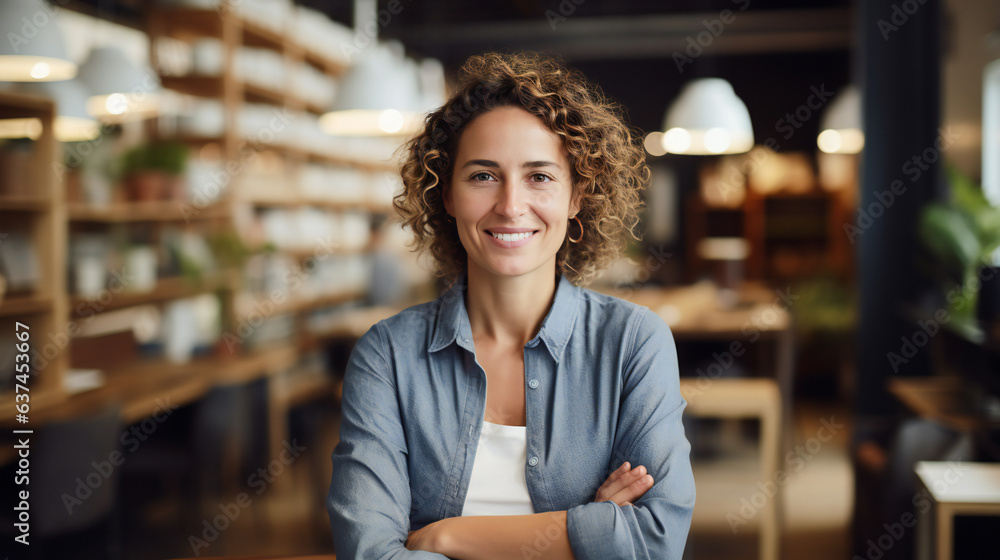Portrait of a beautiful smiling female small business owner. business owners against entrance, gesture inviting you to visit, being proud of small local business. Generative AI Portrait of a beautiful smiling female small business owner. business owners against entrance, gesture inviting you to visit, being proud of small local business. Generative AI