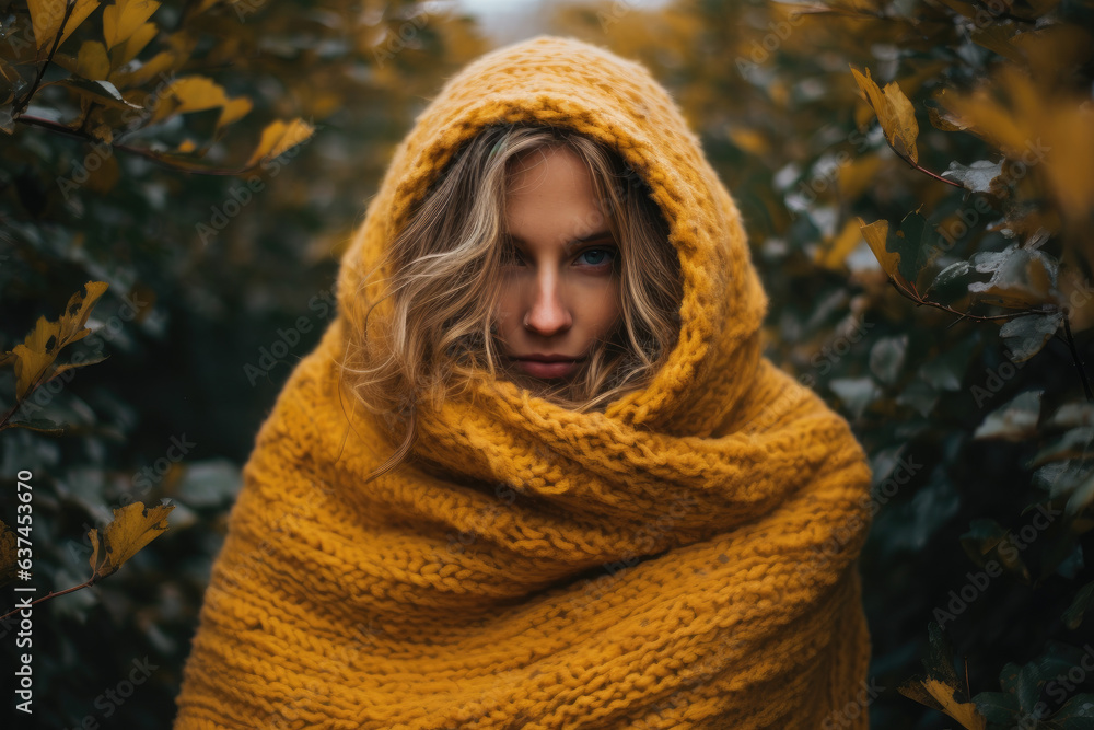 Autumn portrait of a woman wrapped in a cozy sweater Autumn portrait of a woman wrapped in a cozy sweater