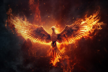 Generative ai photo collage of flying red burning bird phoenix with wire wings rebirth