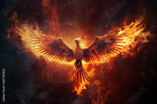 Canvas Print Generative ai photo collage of flying red burning bird phoenix with wire wings r