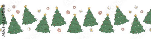 Christmas groovy seamless border with Christmas tree and flowers. Retro background for wrapping paper, invitation, greeting card, textile.